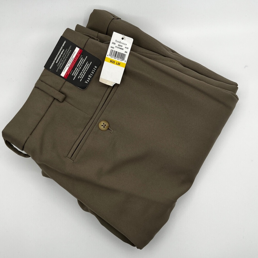 Van Heusen Dress Pants Mens 33x30 Brown Microfiber Stretch Cuffed Pleated NEW